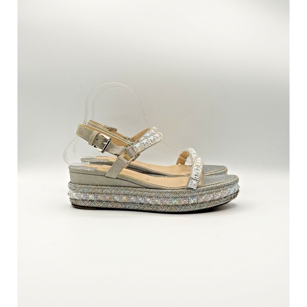 Christian Louboutin Cataclou 60 Silver Glitter Platform Sandals Wedges Sz EU 37